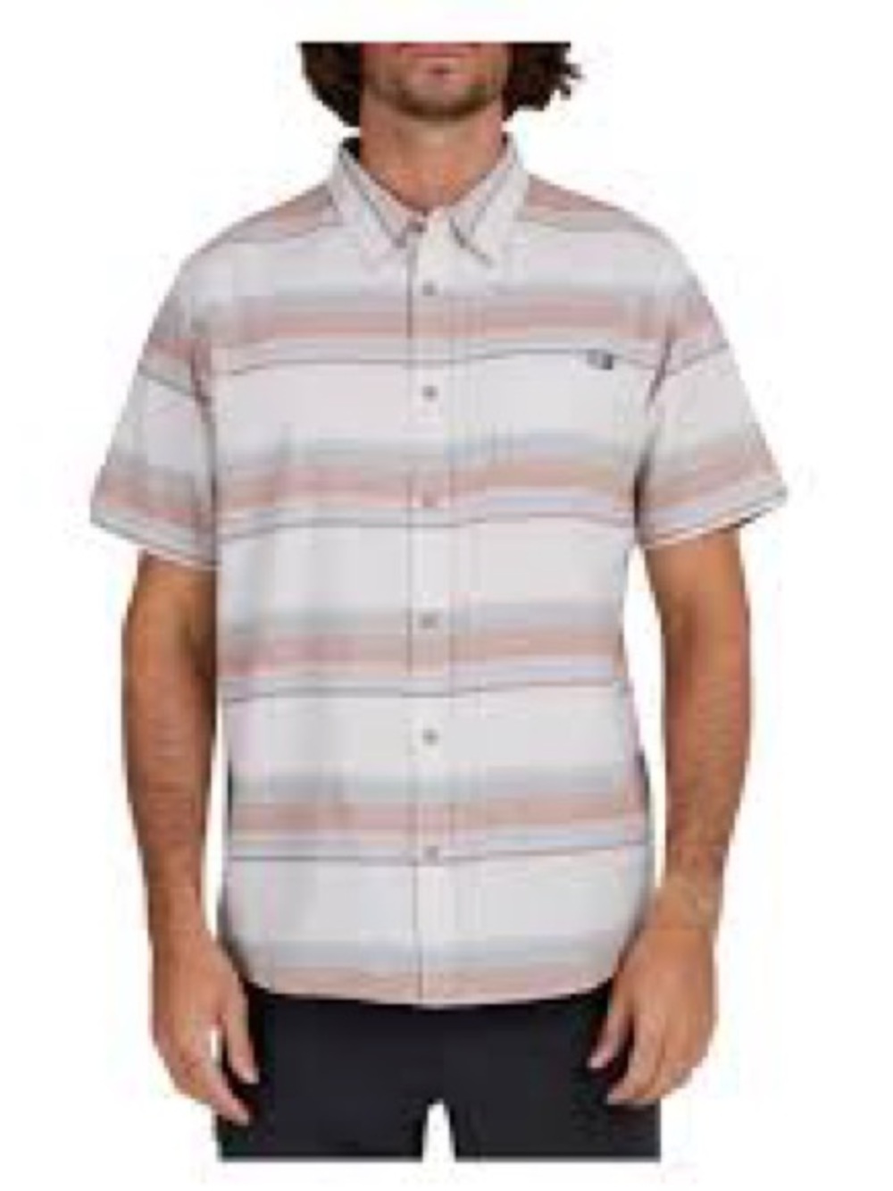 Quiksilver Men's Short-Sleeve Button-Down Shirt in White and Tan Stripes